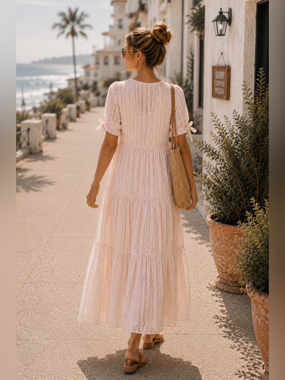 Pale Pink Swiss Dot Maxi Dress Tie Sleeve Detail Empire Waist V-neck Size Small - Picture 12 of 14